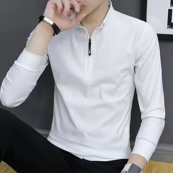 Весна Осень Мужская Рубашка Длинные Рукава Половина Молнии Slim Fit Стоячий Воротник Однотонный Пуловер Средней Длины Повседневная Одежда Деловой Офис Топ