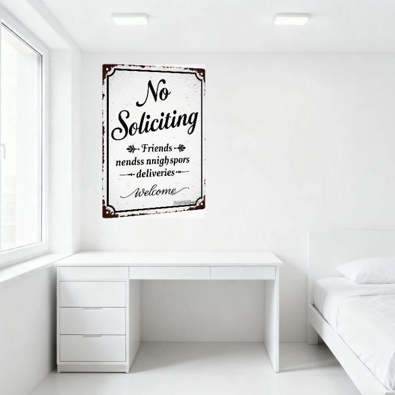 Vintage Rustic Metal Tin Sign 'No Soliciting Friends nendss nnighspors deliveries Welcome' Decorative Plaque for Home Cafe Man C