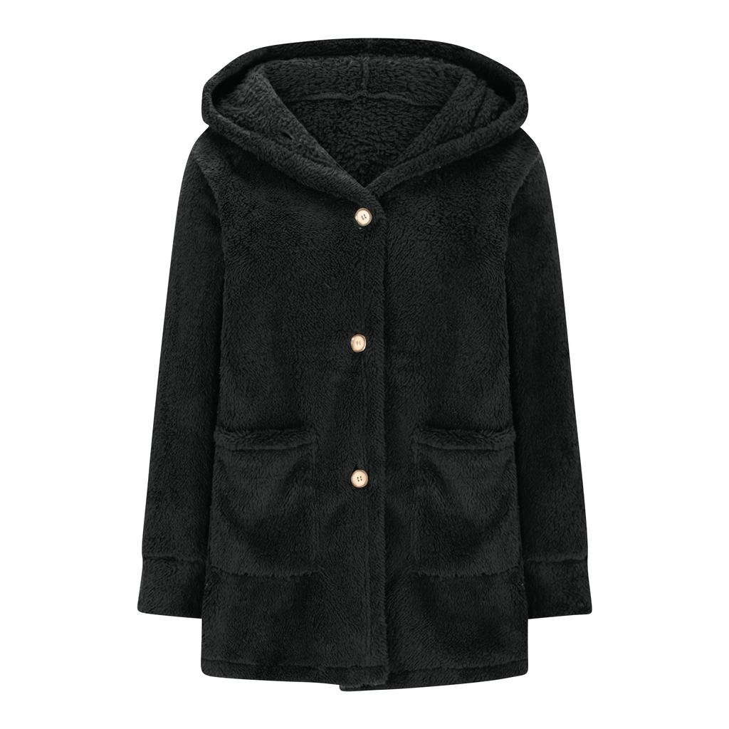 Women's Fashionable Solid Color Long Sleeved Pocket Loose Hooded Button Plush Jacket
