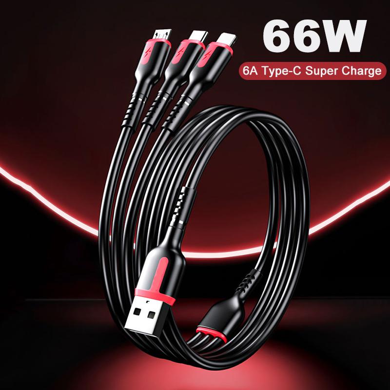 VAORLO Зарядный кабель 3 в 1, 1,8 м, 6 А, 66 Вт, для быстрой зарядки Type-C Micro IOS, пружинный кабель, передача данных 480 Мбит/с для Android Iphone