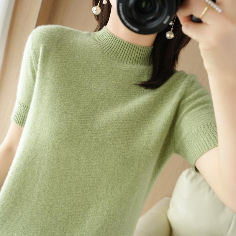 Women's Wool Blend Half High Neck Short Sleeve Sweater