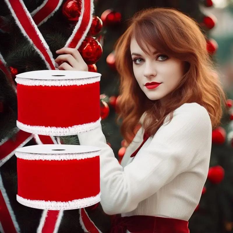 6.3cm Wide Christmas White Fringed Velvet Ribbon Snowflake Plush Ribbon Christmas Gift Decoration Ribbon Gift Zip Ties