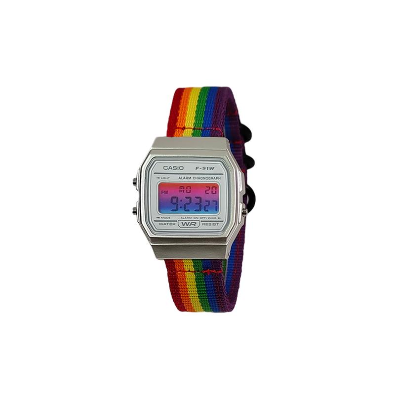 Casio Индивидуальные часы, модифицированная серия, серебристый полимерный корпус F-91WM-7A, модифицированные - Радужный Ткач, кварцевые, нейлоновый ремешок, мужские часы, черный F-91WM-7A