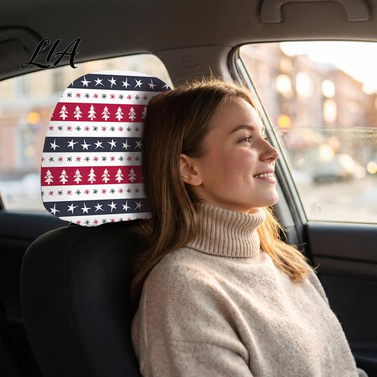 Soft Polyester Seat Cushion 2Pcs Christmas Car Headrest Covers, Elastic Holiday Printed Head Rest Cover, Vehicle Interior Styling Funny Auto