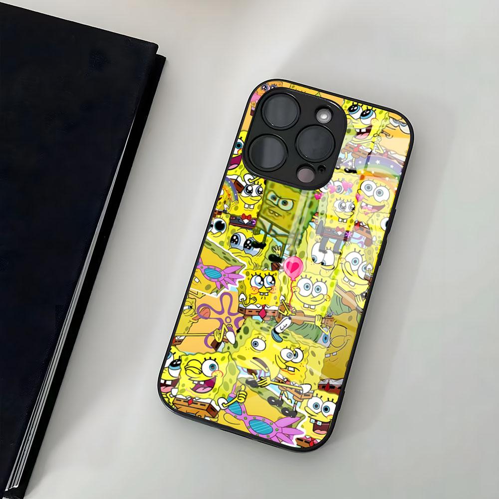 Мультяшный чехол для телефона Губка Боб Для IPhone 17 Air 16 15 14 Pro 13 11 12 XR XS ProMAX 7 8 Plus Стеклянная крышка