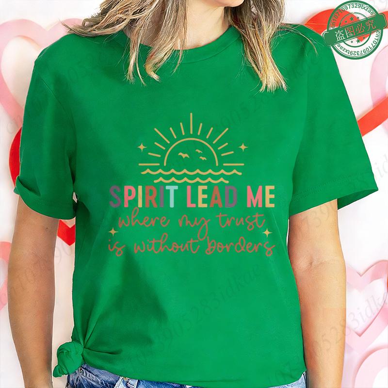 Spirit Lead Me Where My Trust Is Without Borders T-Shirt for Women Mountain Sunrise Graphic Tee Faith Short Sleeve O Neck Tops