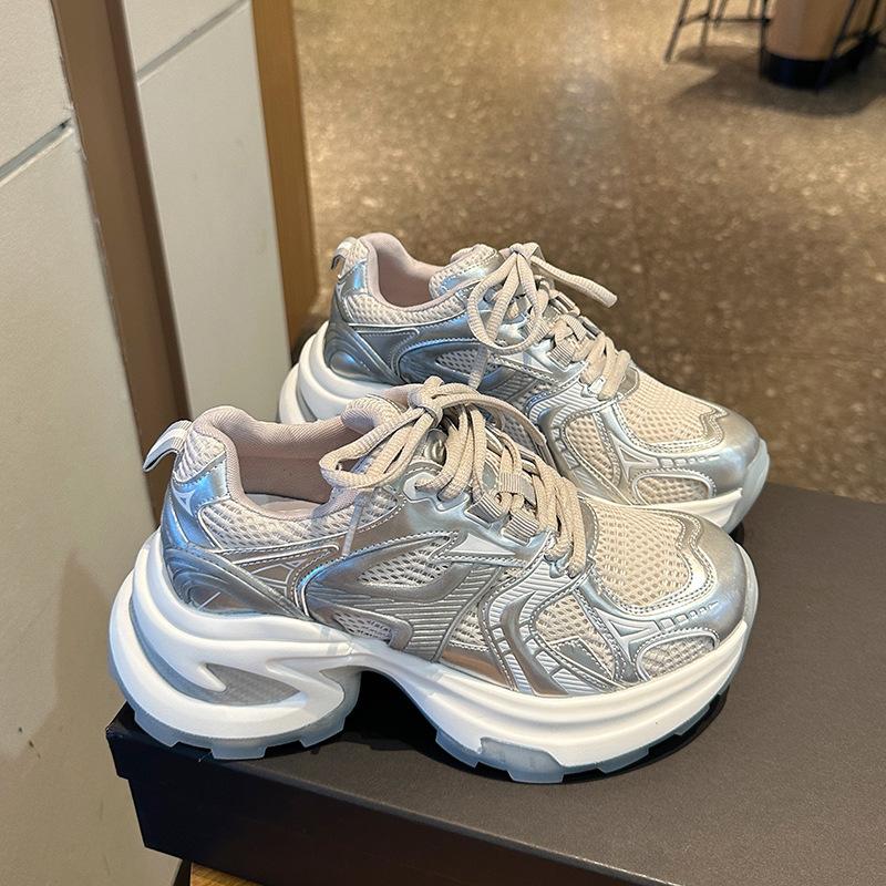 Thick-soled Silver Dad Shoes for Women's 2025 Spring and Summer New Breathable and Heightened Ins Trendy Casual Sports Shoes