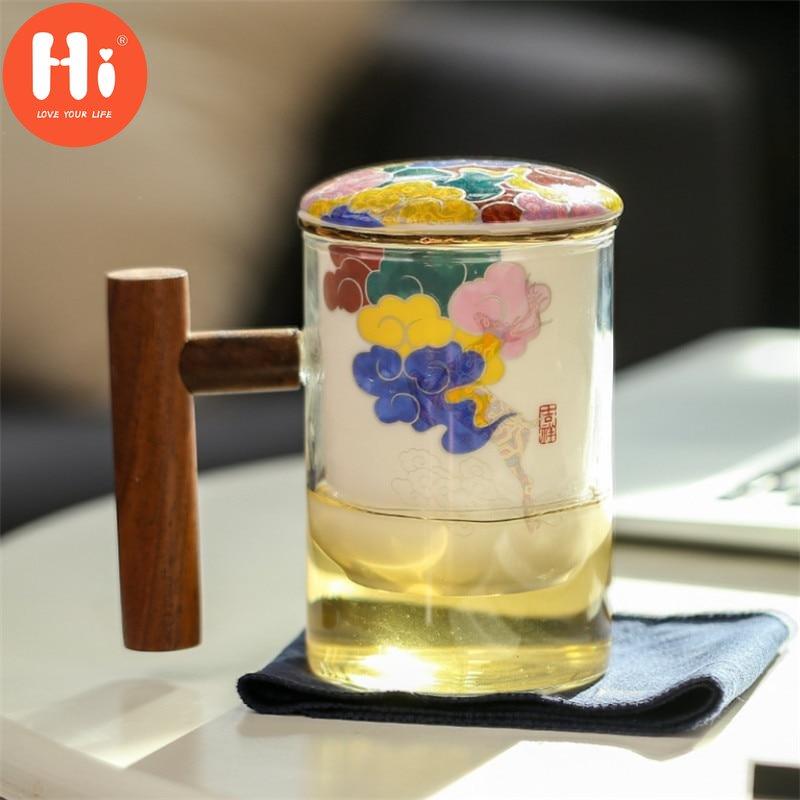 Креативная стеклянная чашка для разделения чая, керамическая чашка с фильтром, крышкой и деревянной ручкой, большая емкость, офисная кофейная кружка, посуда для напитков