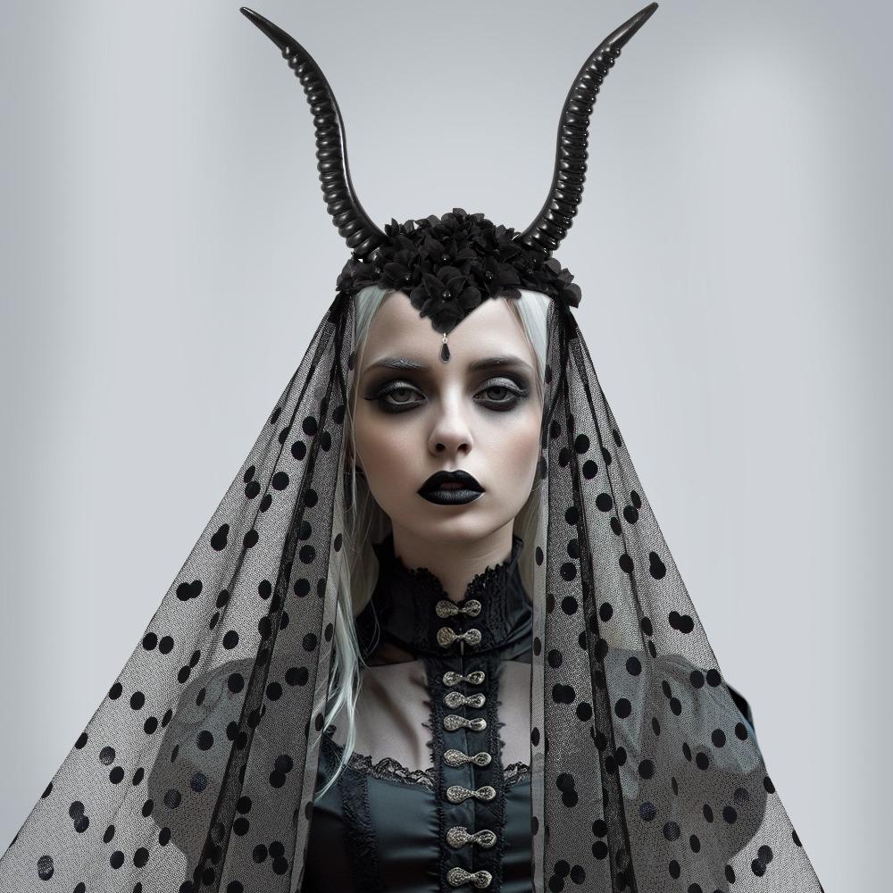 with Veil Halloween Devil Headwear Black Sheep Horn Headband Cosplay Performance Prop