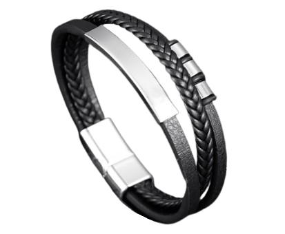 Men' leather bracelet, black, multi-layer, 316L steel, magnet, 21cm, gift