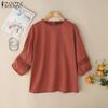 ZANZEA Women Casual Round Neck Loose Retro 3/4 Sleeve Blouse