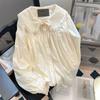 Women Clothing French Style Sweet Doll Collar Lace Shirt Spring Autumn Lazy Style Chic Loose Blouse Fashion Casual Lace-up Top