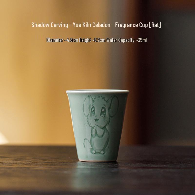 Guanlan Yue Celadon Shadow Carved Zodiac Tea Cup - High-Grade Ceramic Masterpiece for Aroma and Tea Tasting