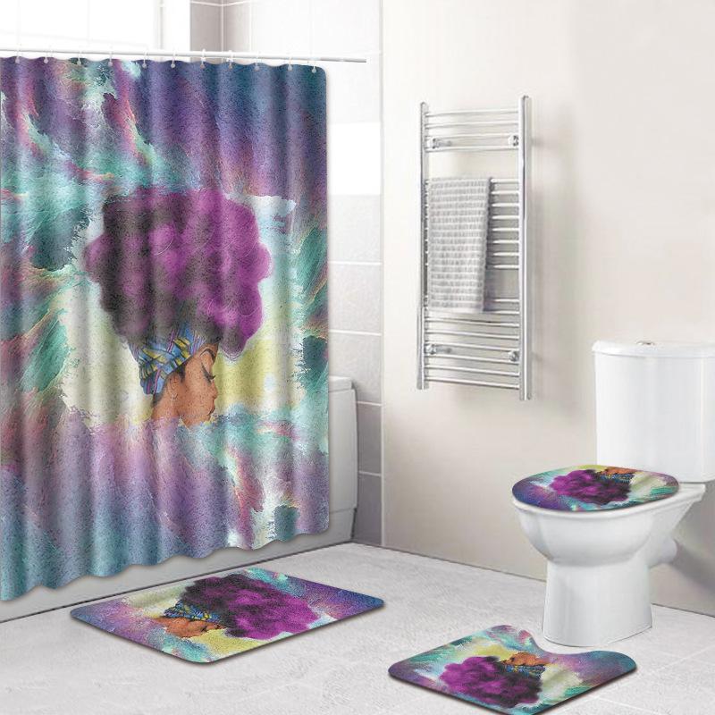 African Woman Digital Printing Creative Shower Curtain Floor Mat Set Bathroom Carpet