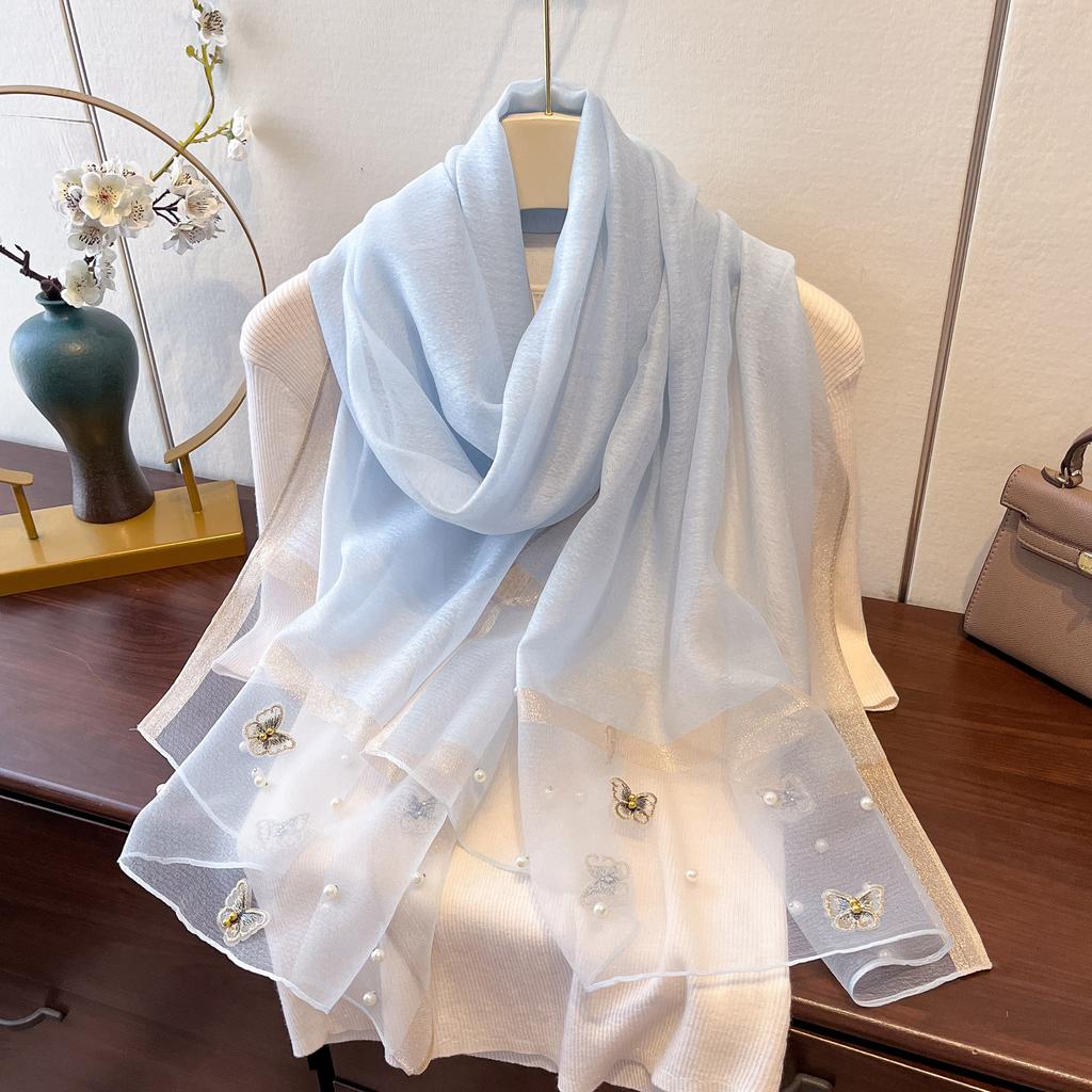 New Versatile Shawl Imitation Silk Thin Silk Scarf for Women Spring and Summer Butterfly Pearl Light Luxury Fashionable Warm Neck Protection Shawl