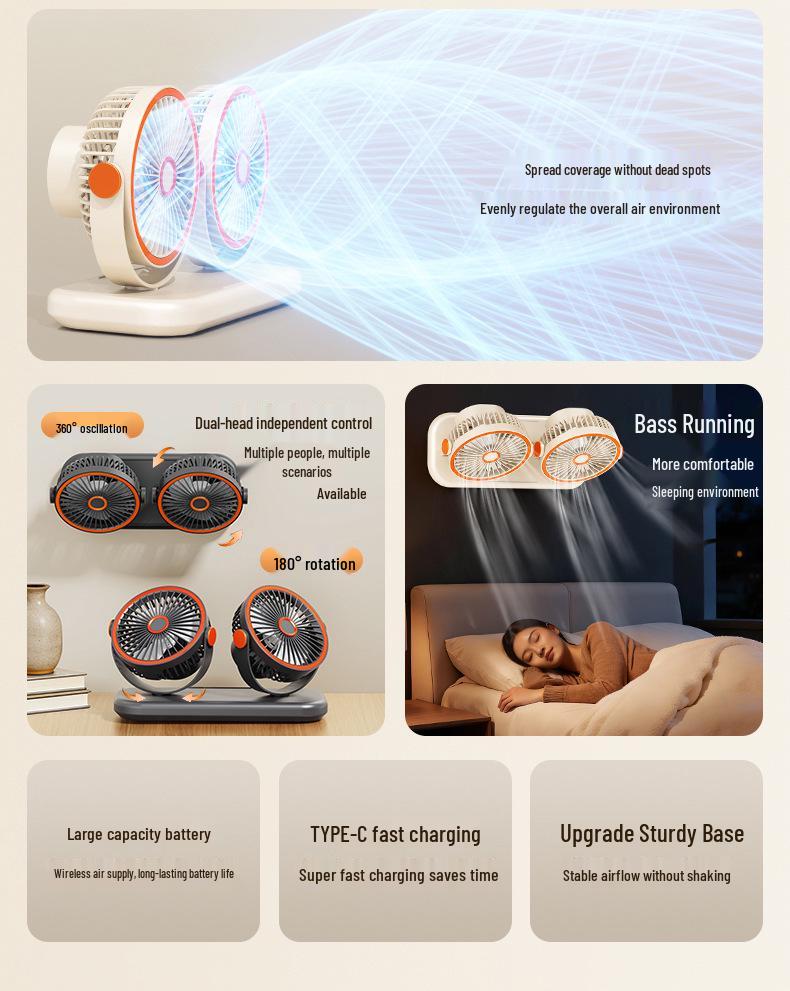 USB Rechargeable Dual-Head Desktop Fan for Home and Car, High Wind Power Air Circulator