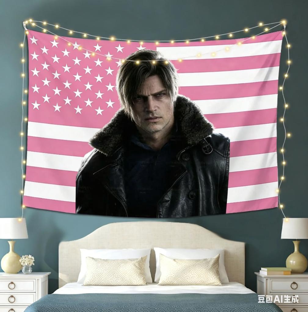 LLeon KKennedy Pink USA Flag Tapestry Game Character Wall Hanging for Bedroom Dorm Decor