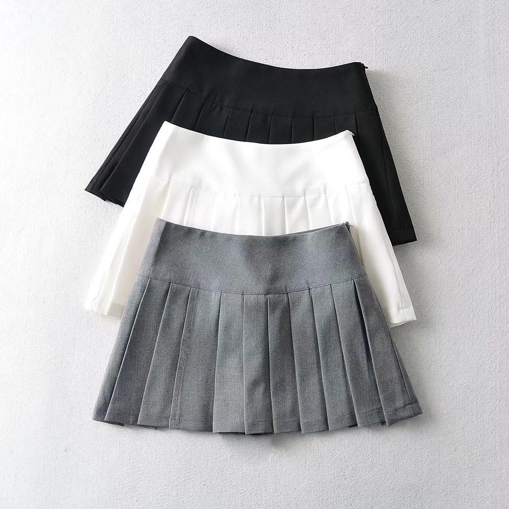Split Pleated Skirt Women Summer High Waist A-line Slim Mini Skirt Grey Preppy Tennis Vintage Korean Casual