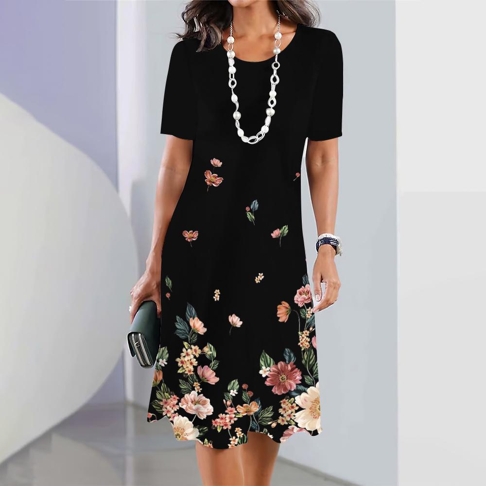 Summer Short Sleeves Dresses Classy Women Dress Loose A-Line Skirt Color Clash Print Woman Clothing Casual Round Collar Pullover