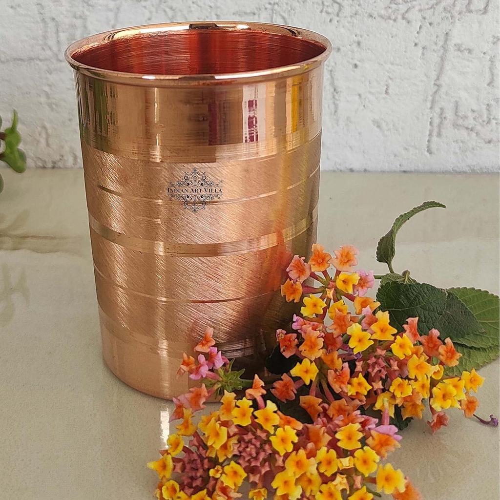 Pure Copper Plain Glass with Luxury Design, Drinking Serving Water, Yoga Ayurveda, Volume-300 Ml, Pack of 2