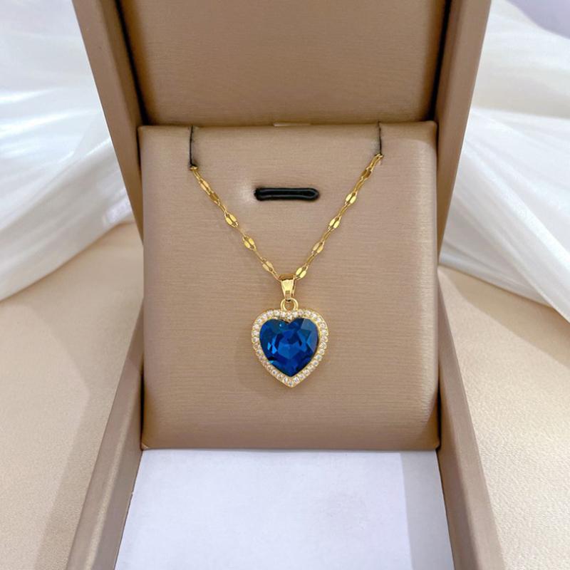 Нержавеющая сталь позолоченный легкий роскошный шарм синий цирконий сердце ожерелье для женщин и девушек великолепные украшения для вечеринки 2023