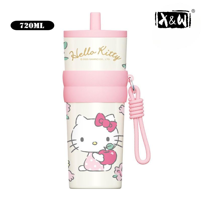 X&W 720 мл для Sanrio Термокружка Мультяшная Кружка для Кофе Сока с Трубочкой и Нескользящим Чехлом для Кружки Изолированная Бутылка для Воды из Нержавеющей Стали