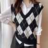 Женский вязаный жилет с ромбовидным узором, свободный, с V-образным вырезом, без рукавов, пуловер, майка, повседневный школьный свитер-топ