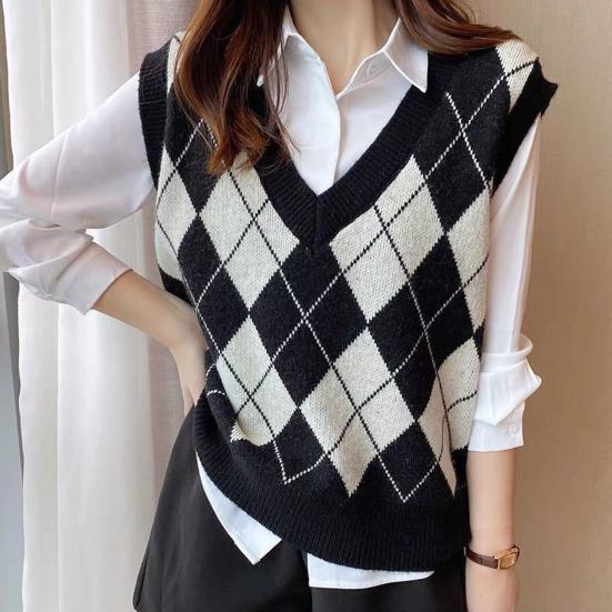 Женский вязаный жилет с ромбовидным узором, свободный, с V-образным вырезом, без рукавов, пуловер, майка, повседневный школьный свитер-топ
