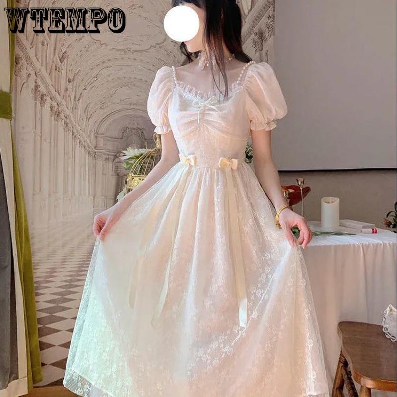 WTEMPO Brand Soft Mist Small Fresh Dress Bow Knot Bubble Sleeve Sen System First Love Dress Super Fairy Dress Print Splicing A Word Dresses
