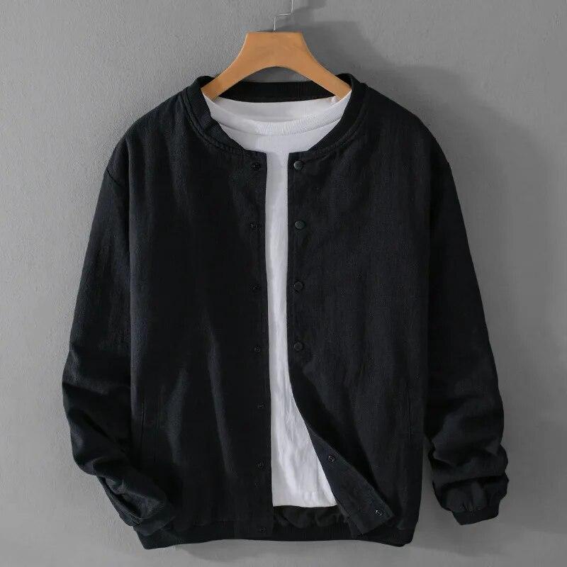 Мужские куртки из хлопкового льна в стиле ретро, мужская одежда, весенняя спортивная бейсбольная одежда, повседневная куртка, однотонная куртка с воротником-стойкой и пуговицами