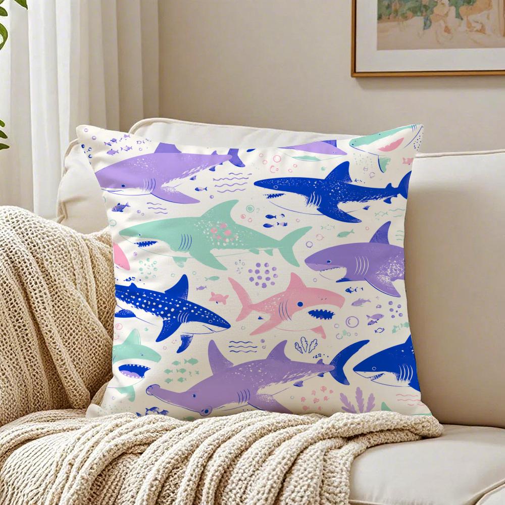 Sharks Pattern Cushion Cover Breathable Organic Short Plush Cushion Covers Machine Washable Wrinkle-Resistant Soft Durable