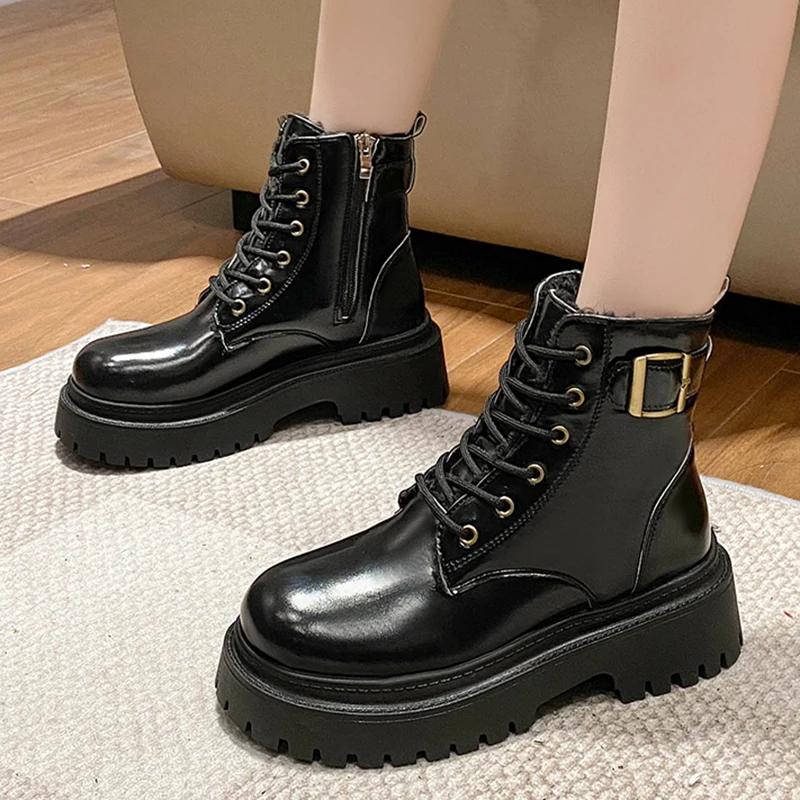 Fashion Chunky Platform Combat Boots for Women 2024 Winter Thicken Warm Plush Ankle Boots Woman Punk Thick Bottom PU Leather Botas Mujer