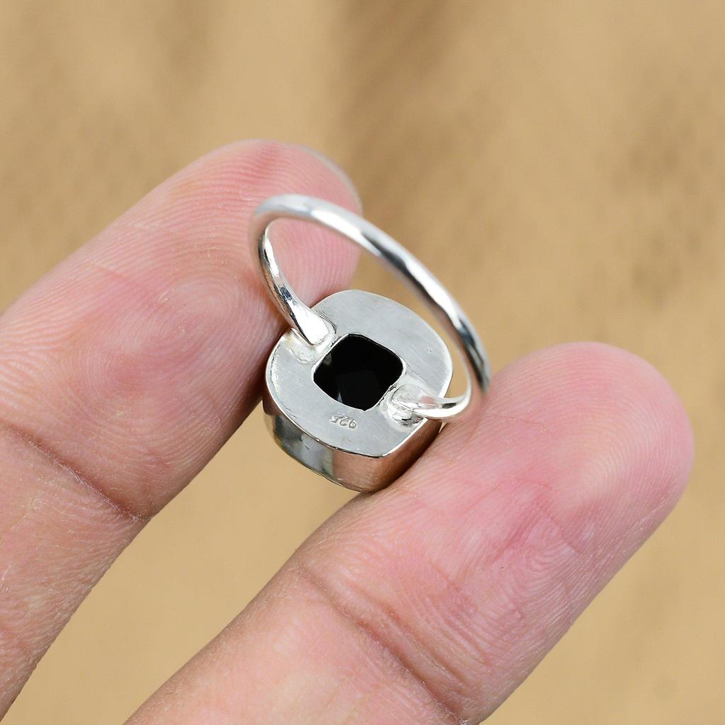 Cushion Black Onyx Stone 925 Sterling Silver Promise Coffin Ring Jewelry Size 8