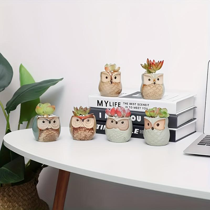 Креативный мультяшный набор из 6 керамических горшков для суккулентов «Превращение в печь» совы, очаровательные маленькие горшки с подставками для растений