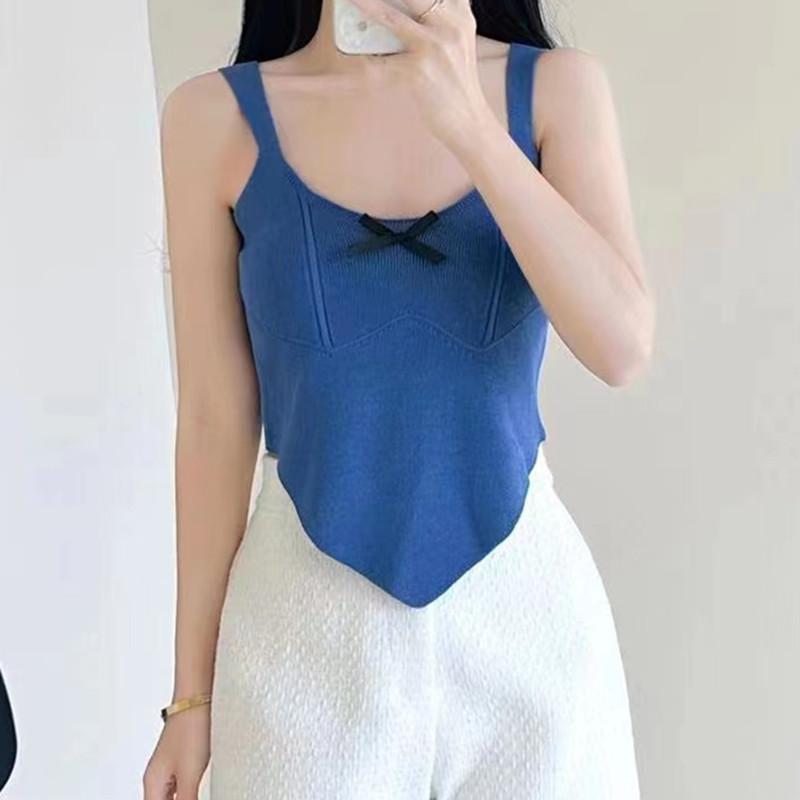 Весна и лето Новый стиль Дизайн и темперамент Простой бант Нерегулярный вязаный жилет на подтяжках Универсальный топ для женщин