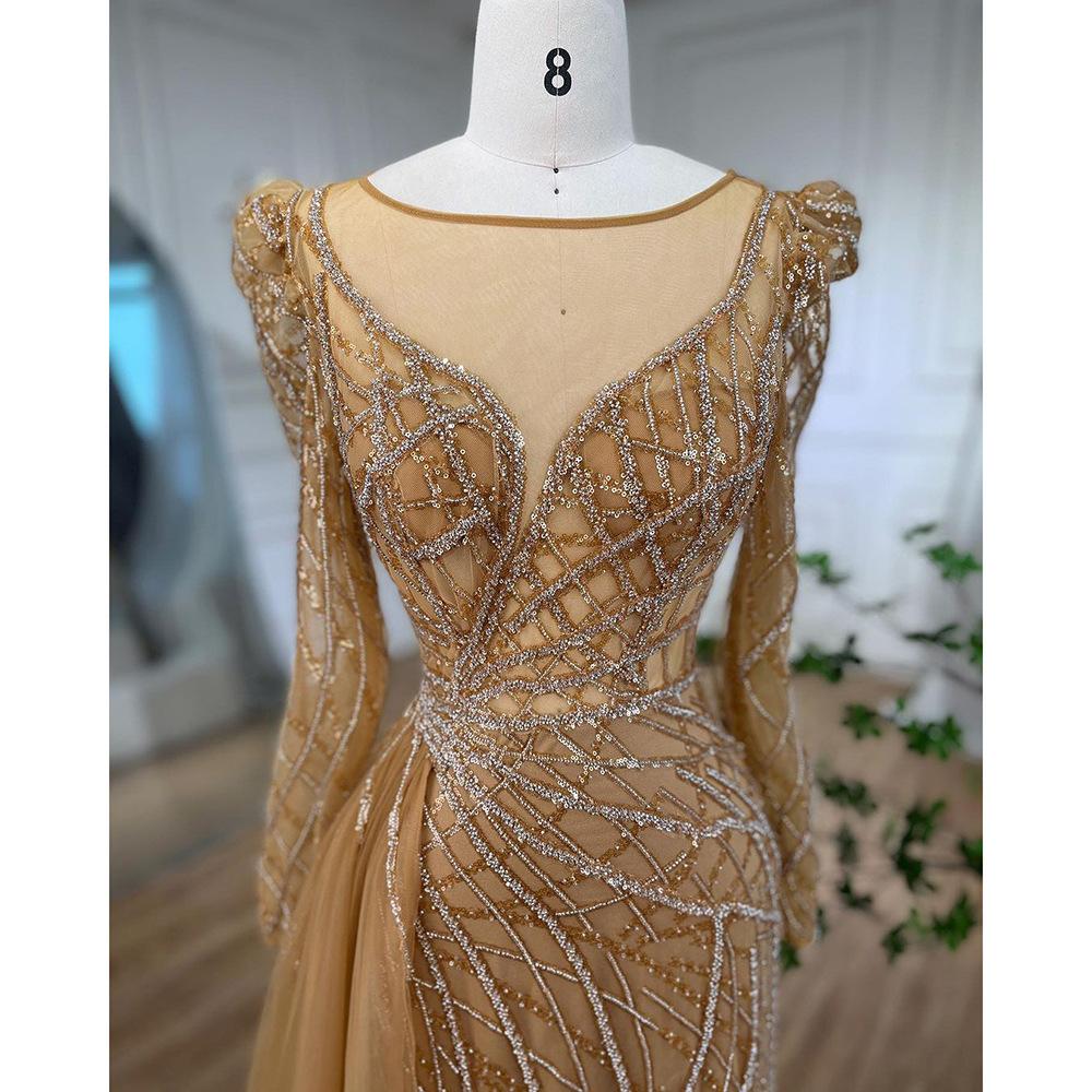 New product gold long-sleeved fishtail celebrity high-end temperament sexy and thin host evening dress skirt LA11101