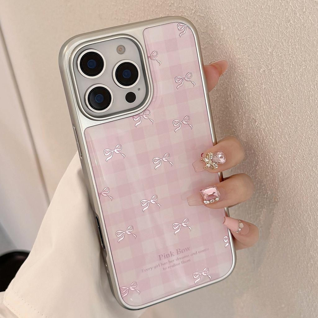 Позолоченный Золотой Подходит для Чехла на Мобильный Телефон Apple 17promax Iphone16 Розовый Клетчатый Бант 13 Гальванизированный Высококачественный Чехол для Мобильного Телефона