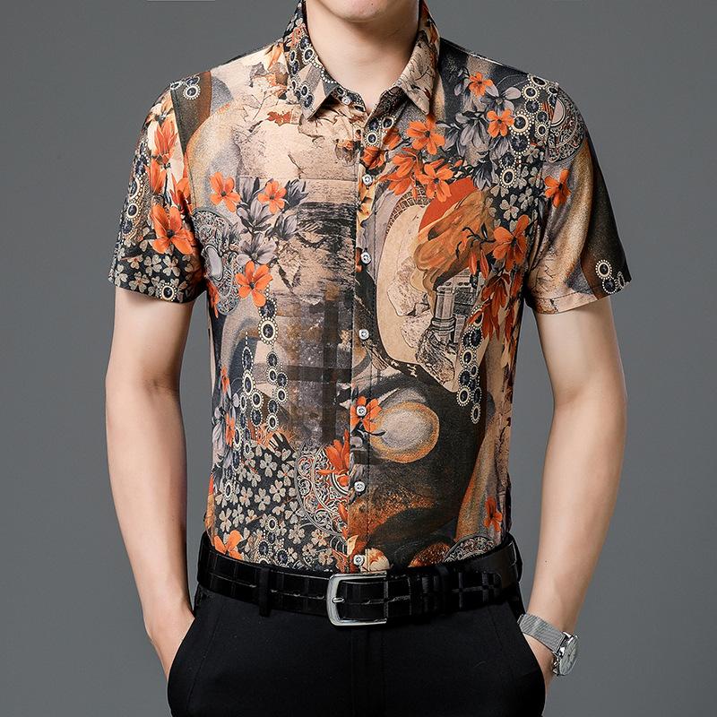 Men's Short-sleeved Shirts, Middle-aged Casual Loose Ice Silk Micro-elastic Floral Shirts for Dads