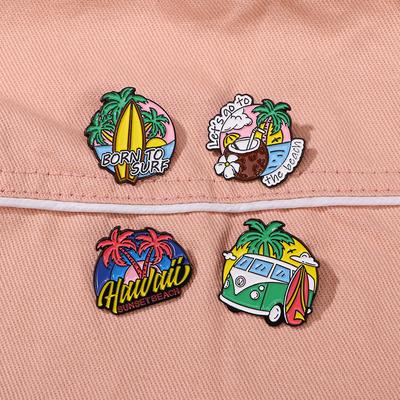Эмалевые значки Let's Go To Beach, Born To Surf, Кокосовая пальма, Закат на Гавайях, Броши