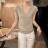 Design-sensory Curled Edge V-neck Knitted T-shirt for Women's Summer New Casual Simple Pullover Student Top Trend