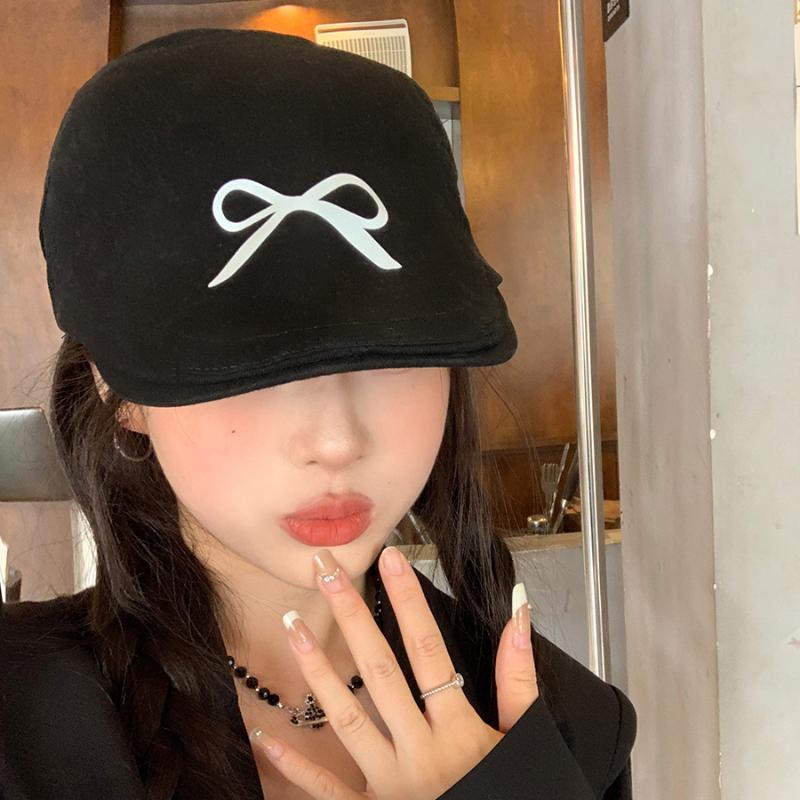 American Retro Bow Printing Forward Hats for Women 2024 New Spring and Summer Thin Sunshade Versatile Literary Berets Cap Y2k