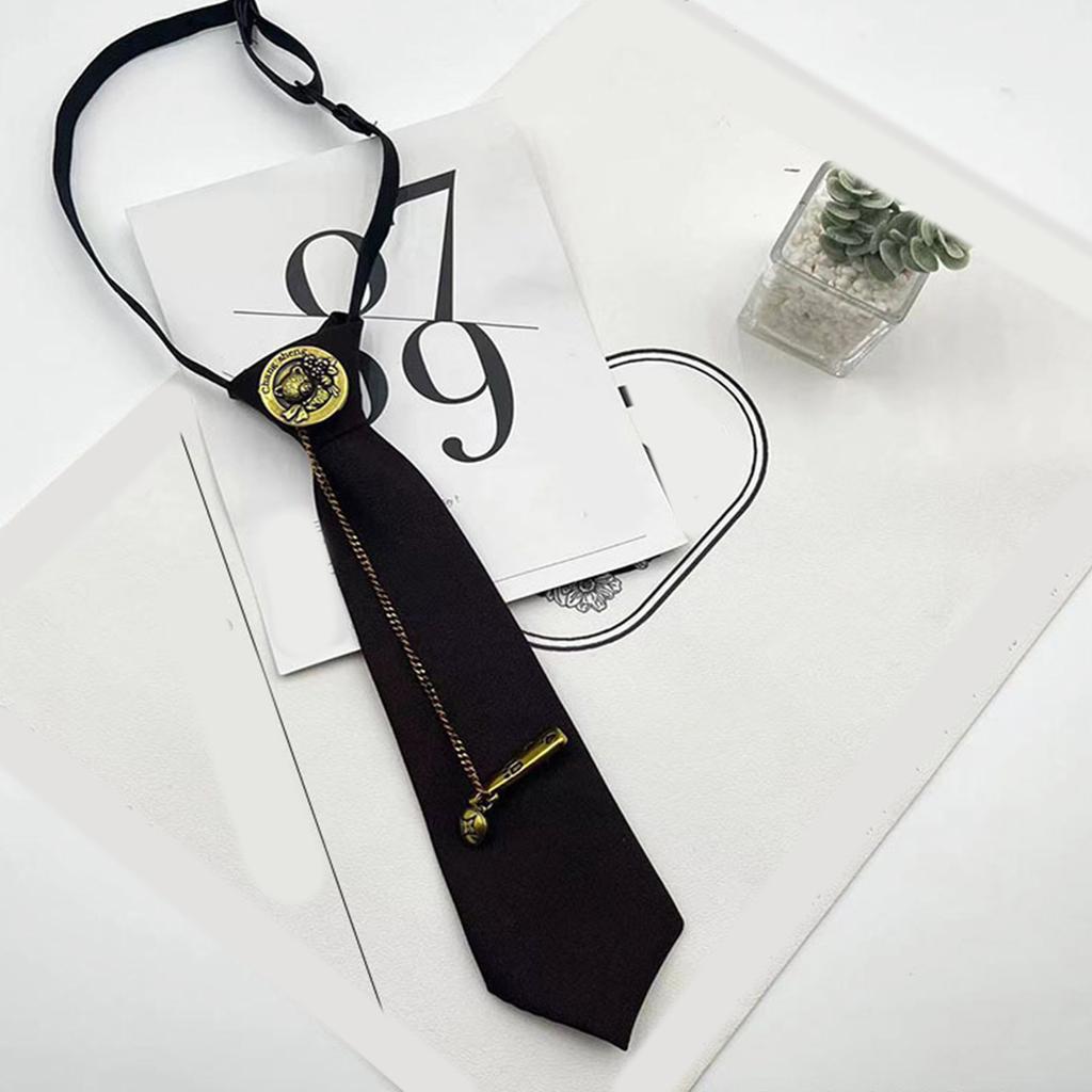 Japanese Vintage Necktie with Metal Bear Pin Chain Student Uniform Adjustable Pre Tied Neck Tie Shirt Collar Neckwear