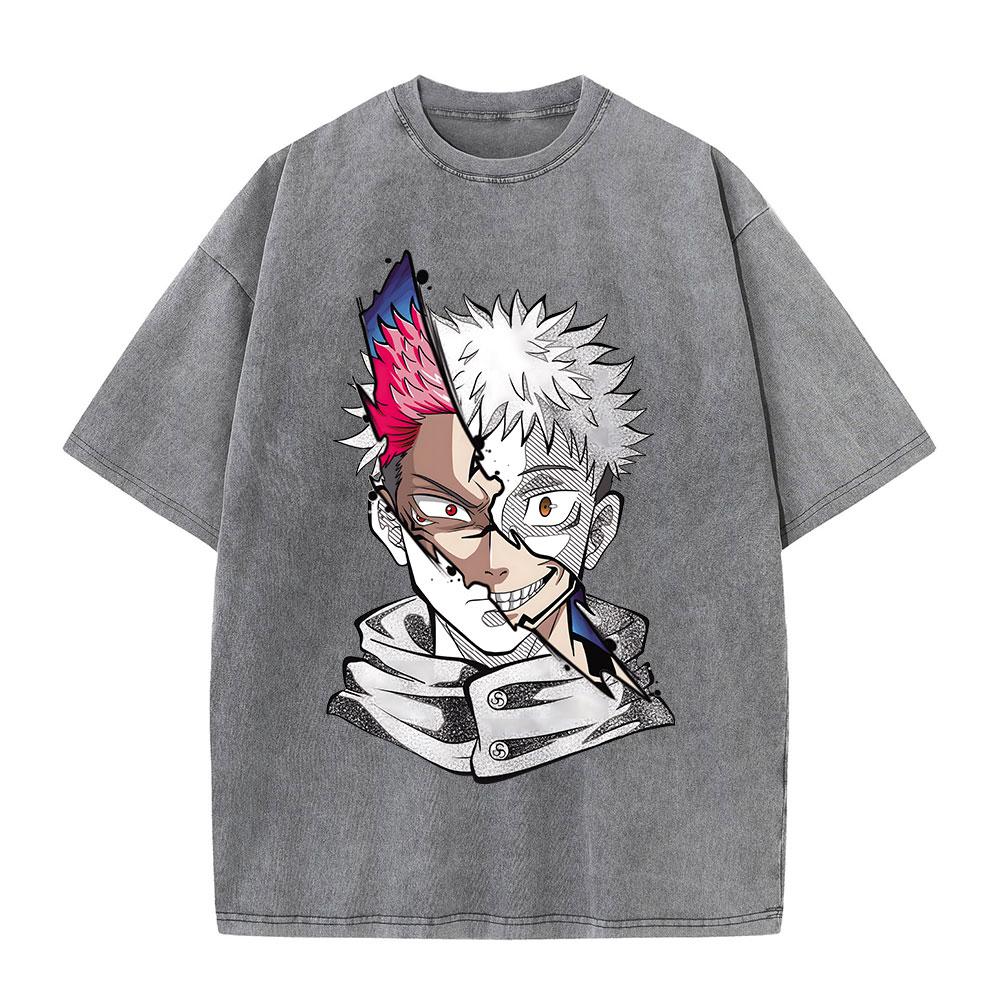 Летняя стираная футболка с аниме-принтом Streetwear Винтажная оверсайз футболка Мужская модная хлопковая футболка Черная футболка