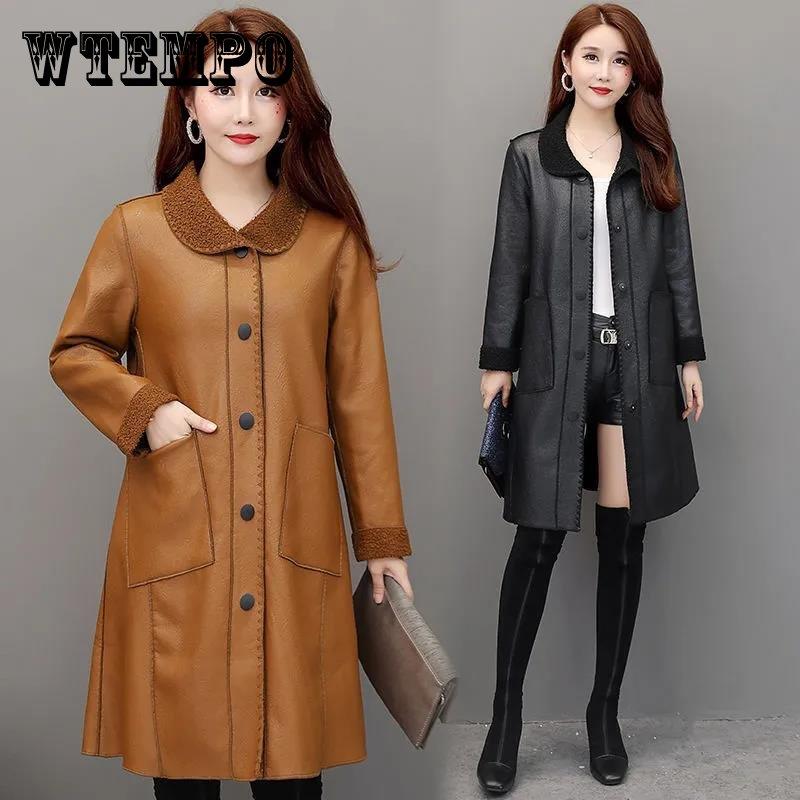 Winter Women's Leather Fashion Fur Coat Lamb Fur Coat Plus Velvet Thickening Medium Long Large Size Leather Coat