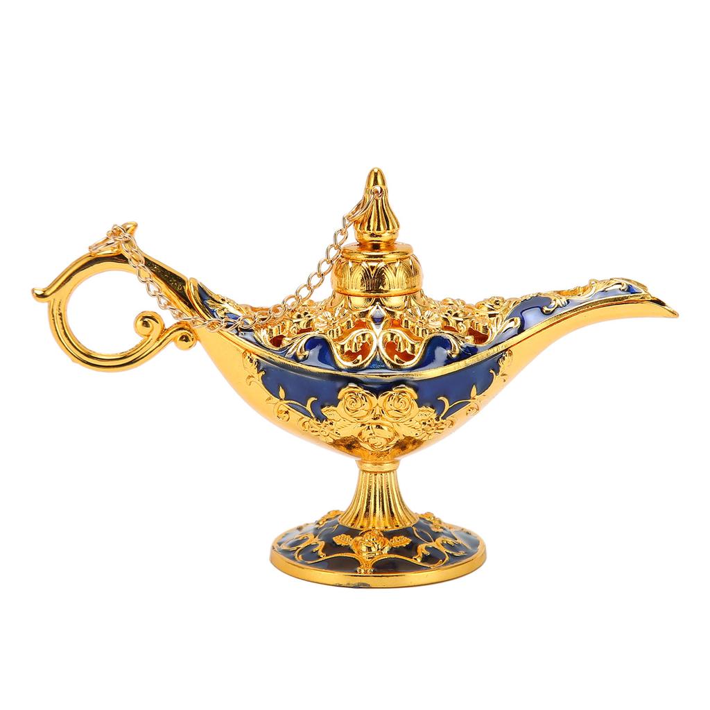 Genie Lamp Vintage Decoration Collectable Rare Small Zinc Alloy Legend Genie Light Gold Sapphire Blue