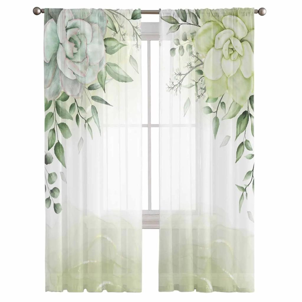 Pastoral Plants Succulent Flowers Tulle Curtains For Living Room Sheer Curtain For Bedroom Kitchen Blinds Voile Curtains
