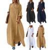 Весна Лето Женское Платье Большого Размера Свободное Однотонное Однобортное Карманы V-образный вырез Длинные рукава Разрез по низу Мягкое Дышащее