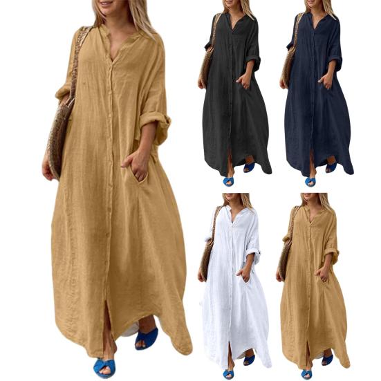 Весна Лето Женское Платье Большого Размера Свободное Однотонное Однобортное Карманы V-образный вырез Длинные рукава Разрез по низу Мягкое Дышащее