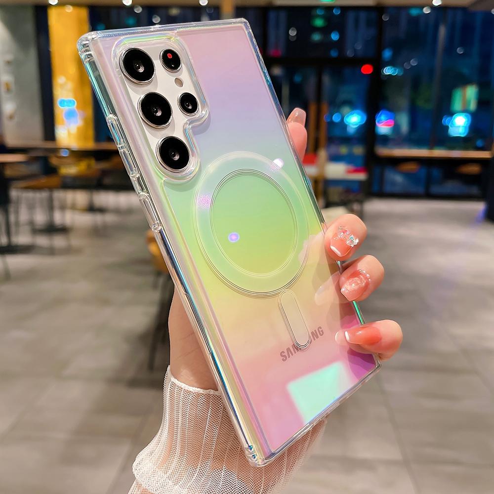 Чехол с беспроводной зарядкой для Samsung Galaxy S23 S22 Ultra Plus, чехол с лазерным градиентом, Радужный магнитный чехол MagSafe, мягкий прозрачный чехол