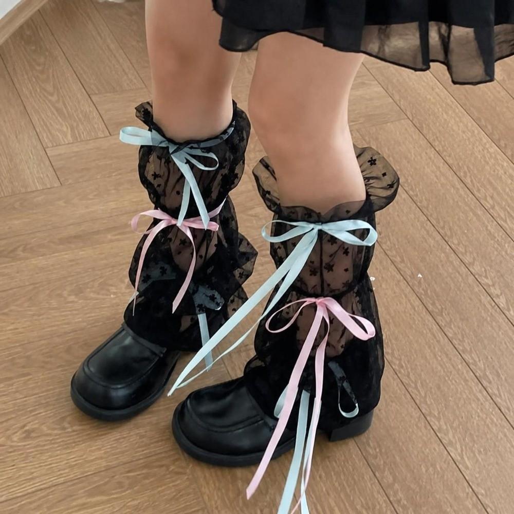 Mesh Fabric Leg Warmers Double Ribbon Bow Knee High Socks Kawaii Calf Covers Cosplay